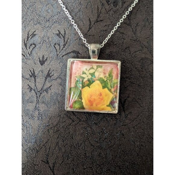 Yellow Rose Pendant Necklace With 18" Sterling Silver Chain Floral Square Charm - Picture 2 of 7